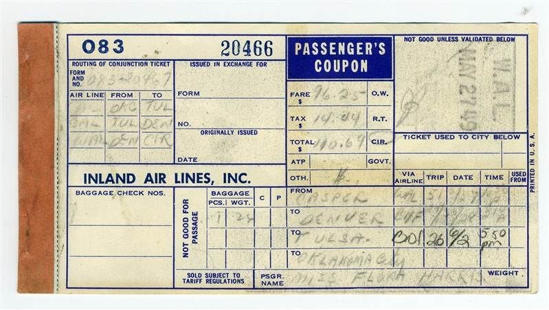 Inland Airlines Passengers Coupon 1949 Western Airlines Ticket