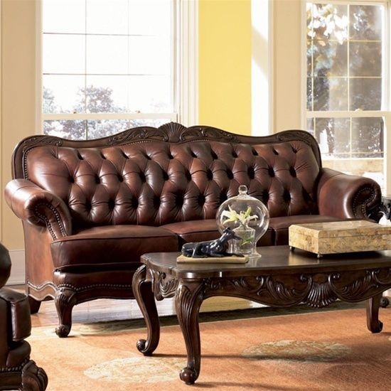 Victoria Classic Tufted Brown Leather Sofa Couch Living Family Room 