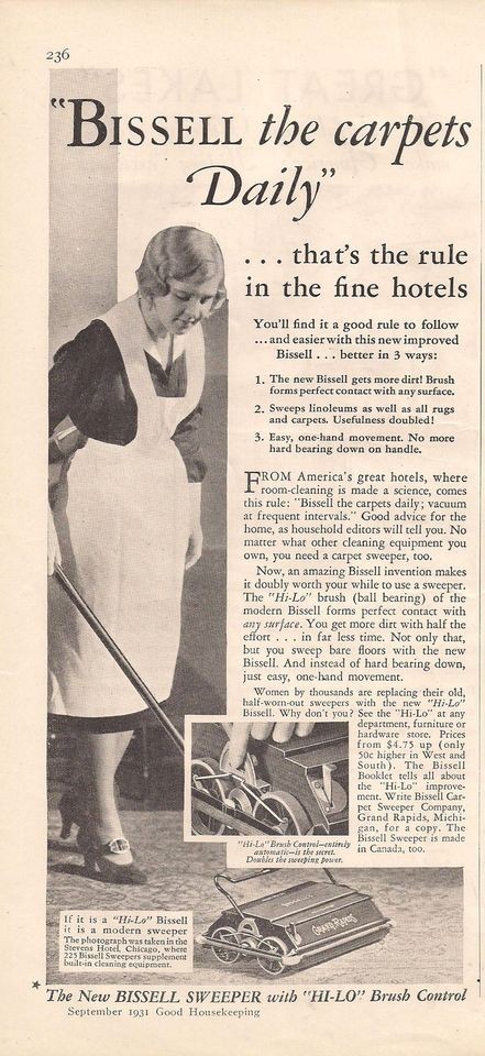 1931 VINTAGE BISSELL SWEEPER WITH HI LO BRUSH CONTROL DAILY PRINT AD