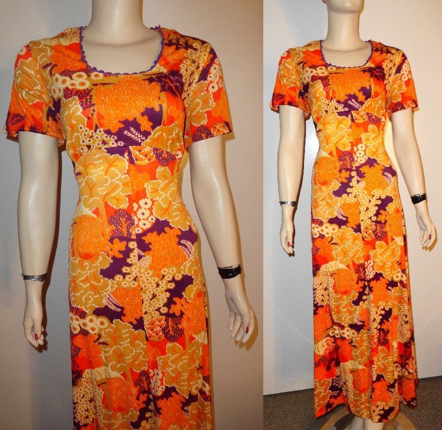 Vintage Purple Orange Hawaiian Floral 60s Hippie Maxi Babydoll Dress 