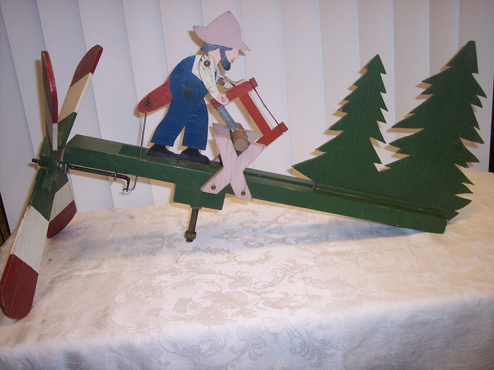 American Folk Art Primitive Whirligig Man Sawing Lumber