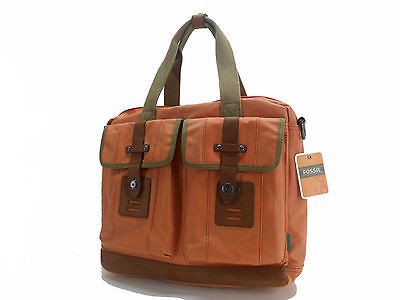 NEW FOSSIL MENS REGION TOP ZIP WORK BAG DUFFLE ORANGE COATED TWILL 