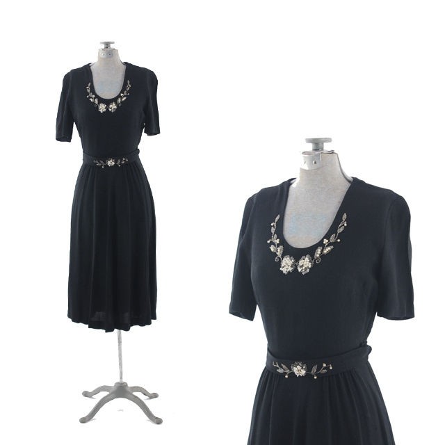   Black CREPE Beaded Embellished Swing Floral Art Deco Cocktail DRESS