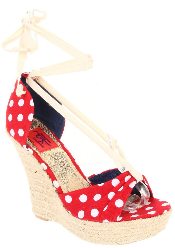   WHITE POLKA DOTS PLATFORM WEDGE ESPADRILLES TIE UP WOMENS SANDALS 8