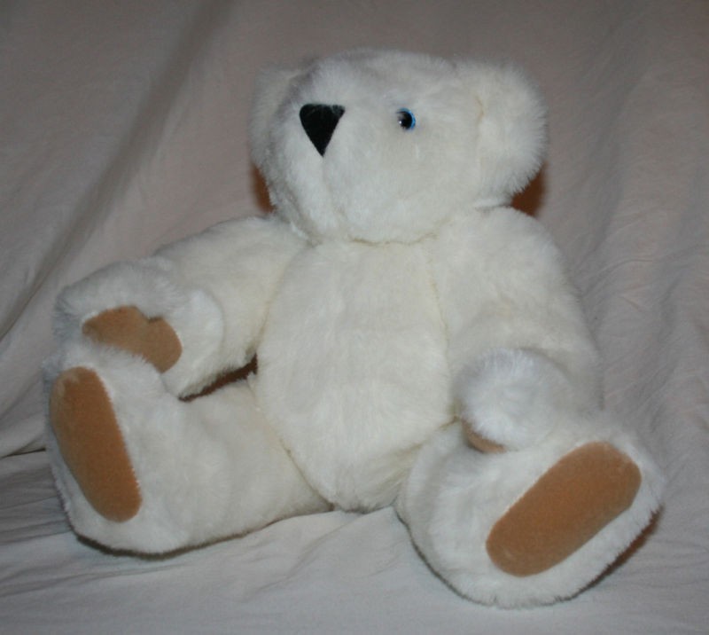 White 16 Vermont Teddy Bear jointed blue eyes tan paws