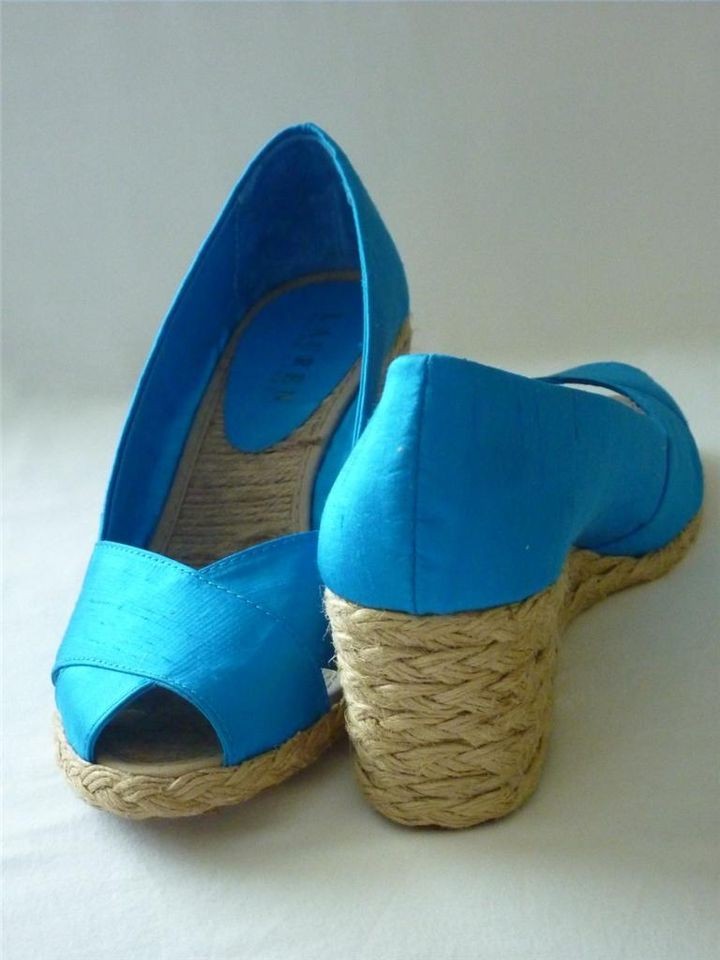 NEW RALPH LAUREN Cecilia Turquoise Shantung Espadrille Wedge 7.5 & 8