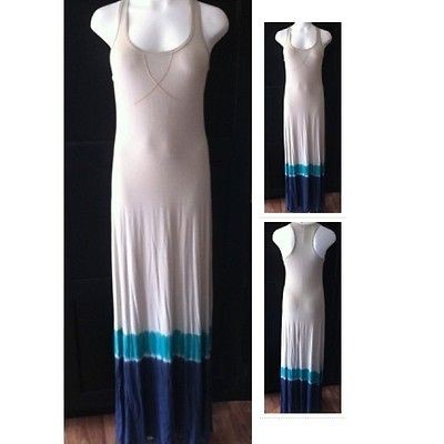 Sexy Dip Dye Racerback Extra Long Maxi Dress Tan Blue S M L