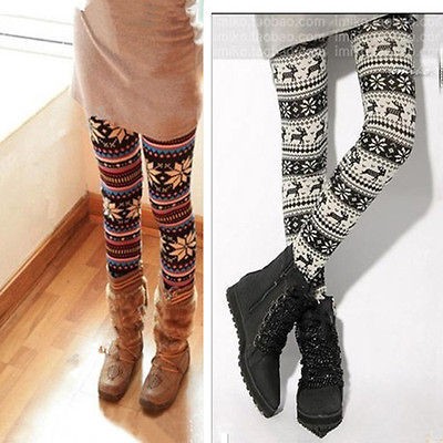   Color Ankle Snowflakes Leggings Tights Pant Knit Look Nordic Pattern