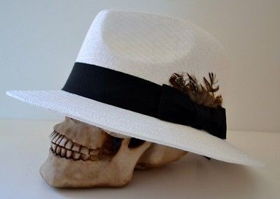 WHITE STRAW ROUND WIDE BRIM SUMMER FEDORA PANAMA SUN HAT FEATHER 