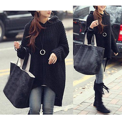 Women Fashion Outerwear Loose Long Irregular Hem Hooded Sweater Jumper 