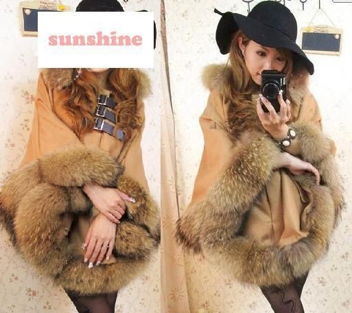 J95 WOMEN FUR HOOD UNIQUE WINTER CAPE PONCHO COAT JACKET OUTERWEAR 