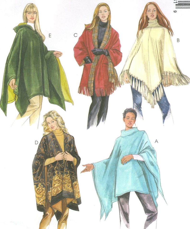 Misses Poncho Wrap Sewing Pattern Hood Funnel Neck Shaped Hem Fringe 