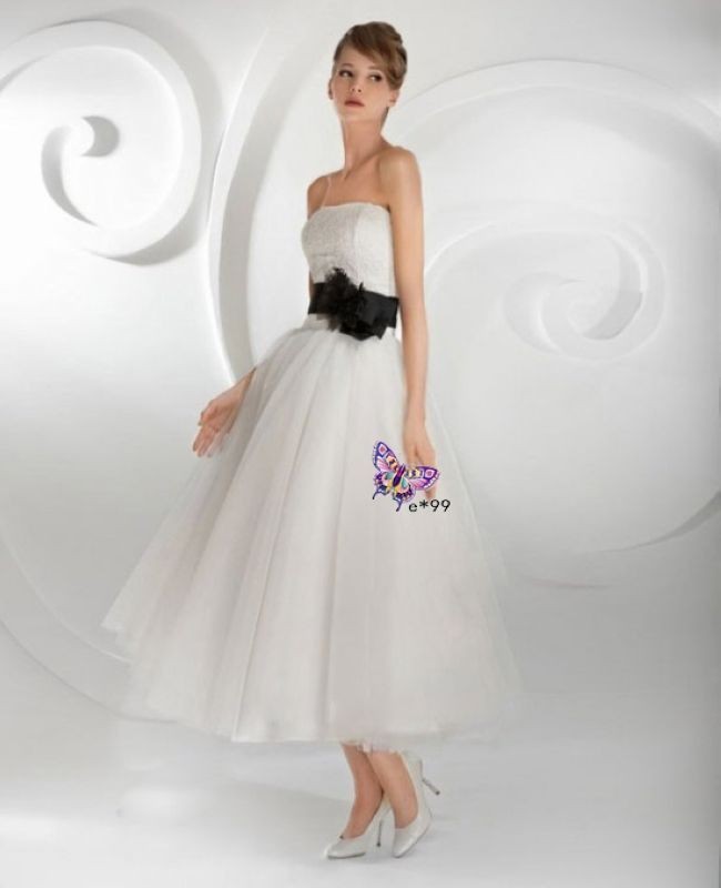 Sleeveless With Bow Sash Organza Applique Strapless Tea Length Wedding 