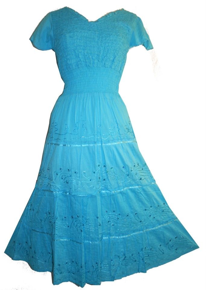 106 Blue NEW COTTON PARTY ELEGANT PEASANT VINTAGE SUMMER DRESS