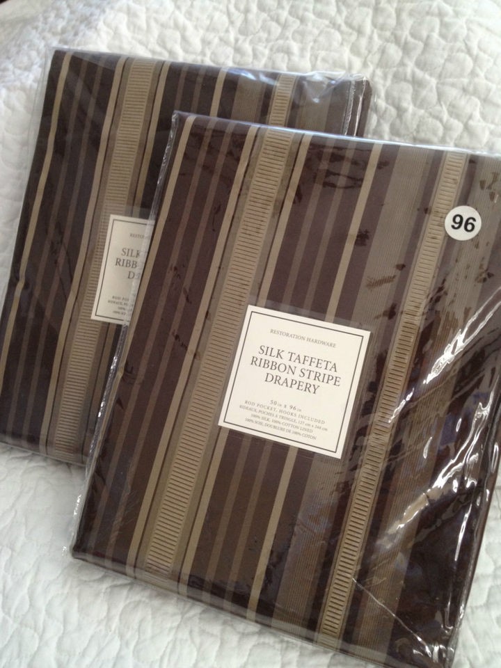 Restoration Hardware Silk Taffeta Ribbon Stripe 96 Drapes COFFEE 