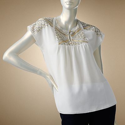 Jennifer Lopez Embellished Dolman Top  L Large  White Beaded Blouse 