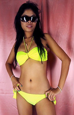 BANDEAU BIKINI TWISTED TUBE STRAPLESS NEON FLUORESCENT YELLOW LARGE UK 