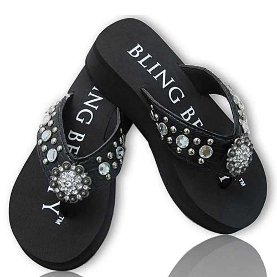 NEW BLACK CROC HIDENSOLE HIDE N SOLE RHINESTONE (452) FLIP FLOPS 5 6 