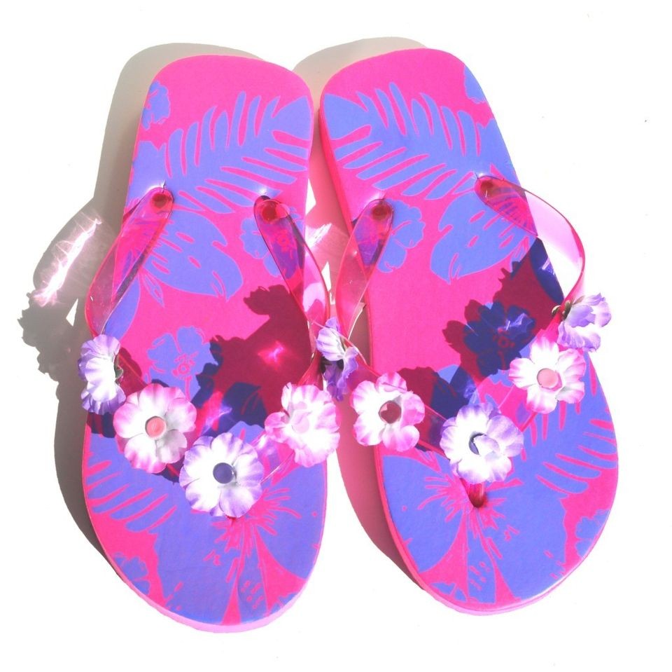 Sandal King Purple Hawaiian Flowers Women Beach Flip Flops (Retail $42 