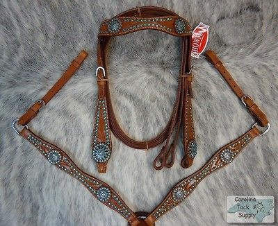 TURQUOISE Rhinestone Medium Oil Bridle,Breastc​ollar & Reins Set NEW 