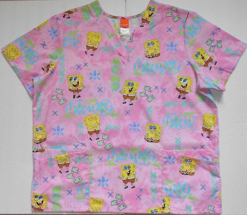 NICKELODEON WOMENS SCRUBS NURSES UNIFORM TOP SPONGE BOB ME ME ME ME 