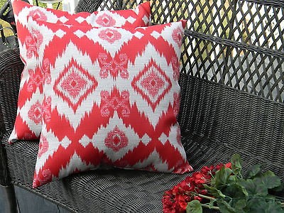 SET OF 2   CALYPSO RED AND IVORY IKAT INDOOR / OUTDOOR DECORATIVE 