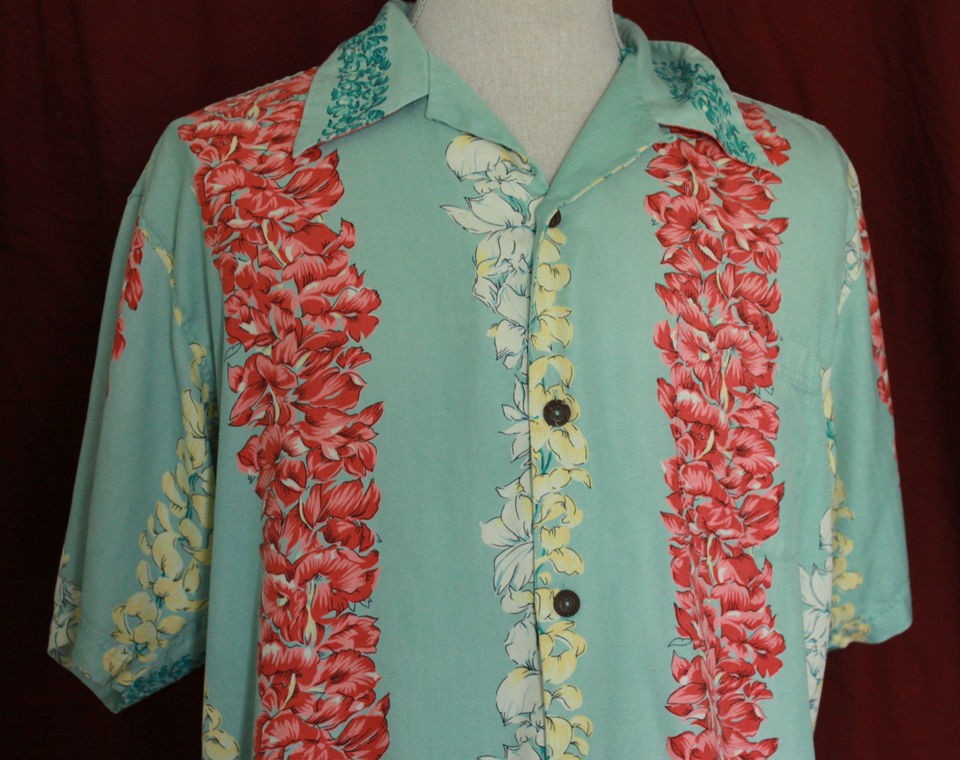 AVANTI Large L 100% Silk Hawaiian Button Shirt Teal Aqua Floral Mens