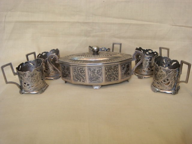 RARE ANTIQUE NIELLO PERSIAN/IRAQI NIELLO SILVER SUGAR BOX AND 5 CUPS 