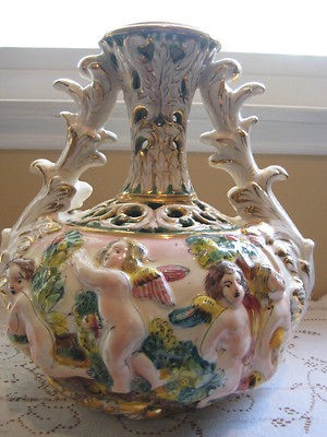 RARE OLD VINTAGE HAND MADE/PAINTED ANGEL PUTTI CHERUBS ITALIAN POTTERY 