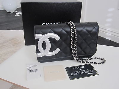 CHANEL Cambon Wallet on Chain WOC Black Lambskin Silver CC Mini 