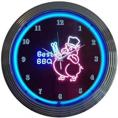 BBQ Barbecue Pink Pig Ribs Neon clock sign NIB pork gift wall lamp