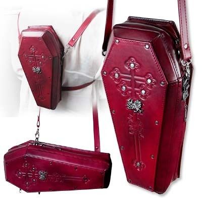   Burgundy Red Leather Pewter Accented Crest Coffin Handbag Backpack