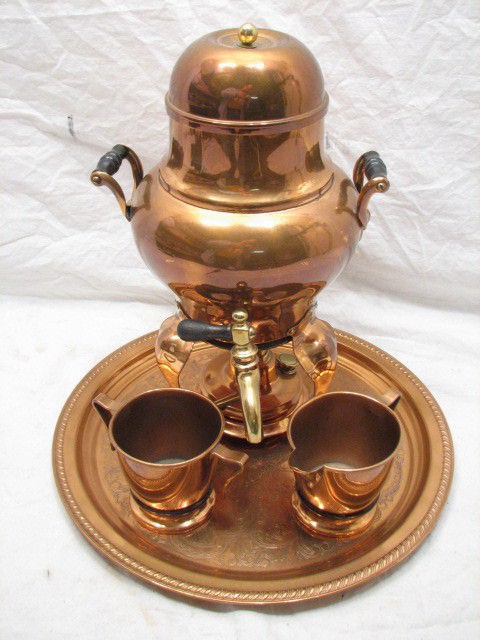 MANNING BOWMAN &CO COFFEE PERCOLATOR COPPER POT W/TRAY CREAMER SUGAR 