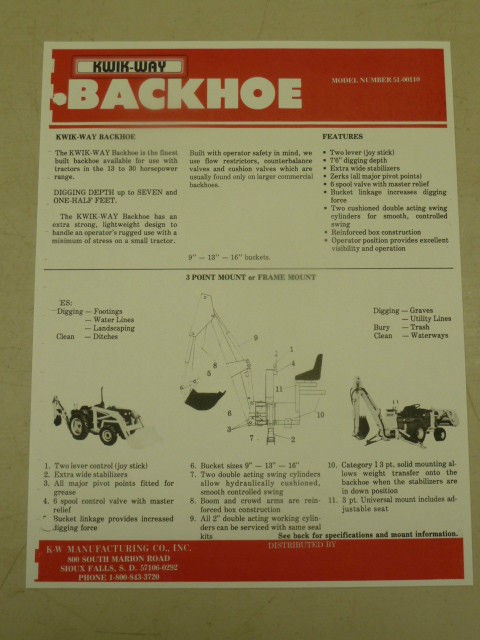    Way BACKHOE 51 00110 SPEC SHEET SALES BROCHURE for COMPACT TRACTORS