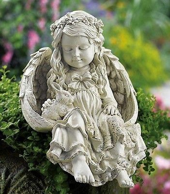 Garden Sculpture Barefoot Angel & Bunny Rabbit New