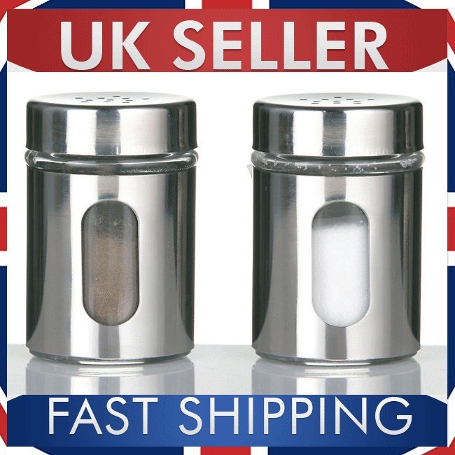 SALT & PEPPER STAINLESS STEEL & GLASS CONDIMENTS SET TABLE TOP SHAKERS