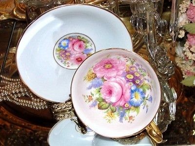 Purple Anemones & Rose Center Windsor Blue Tea Cup and Saucer A/F