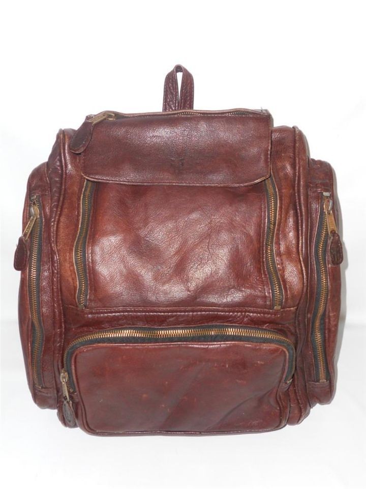 Vintage FRYE Distressed Cognac Leather Pocket Backpack Carryall Bag