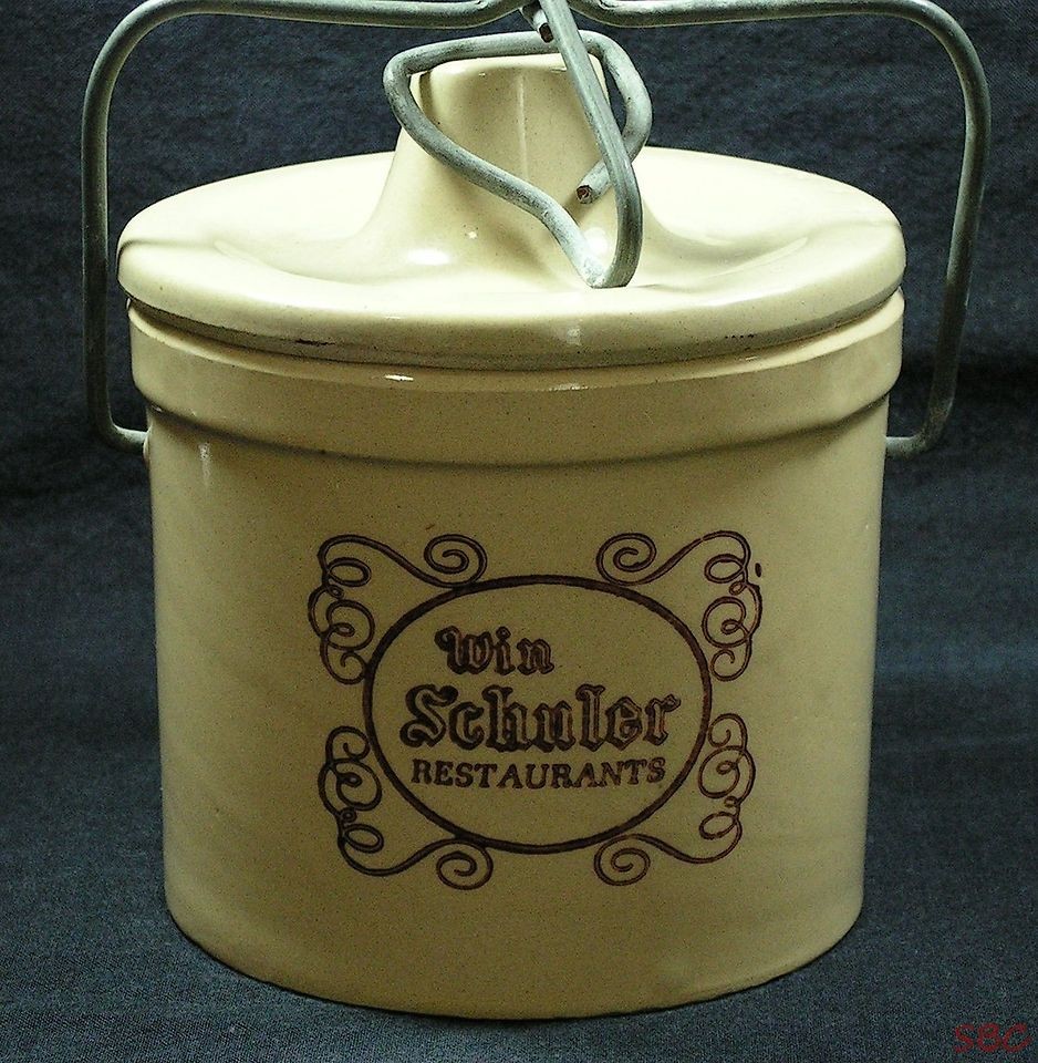 Vtg Win Schuler Restaurants Cheese Stoneware Crock #250 Wire Bale Lid 