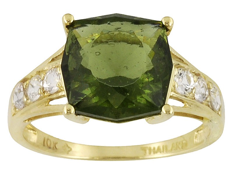   Cut Green Moldavite & White Sapphire 10K Yellow Gold Ring *FREE SHIP