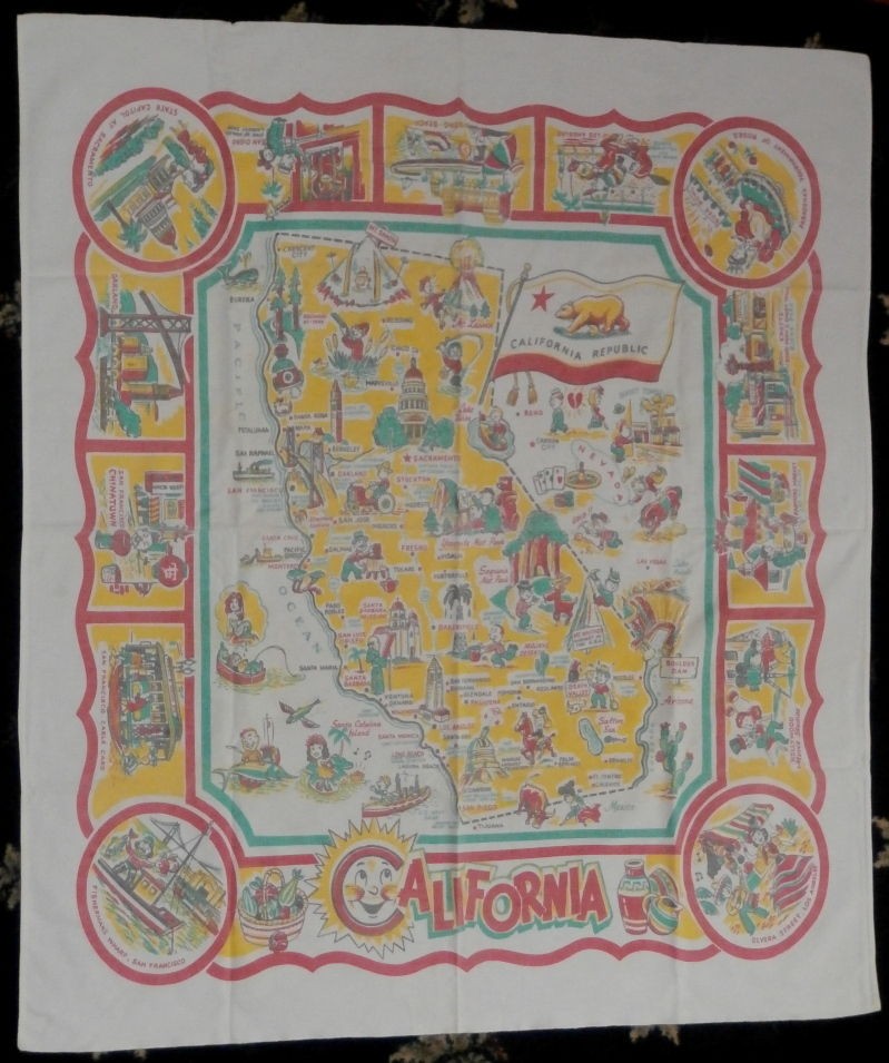 Vintage 1950s Pre Disney Souvenir California Tablecloth 49x43