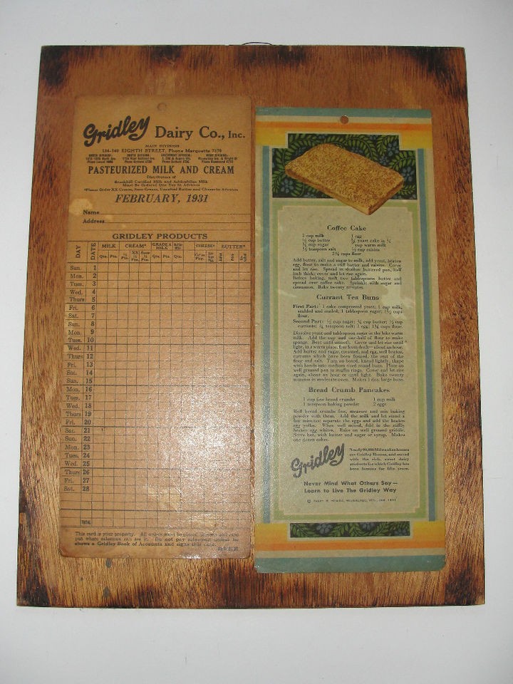 GRIDLEY DAIRY CO.INC.1931 DISPLAY BOARD WITH GRIDLEY PRODUCTS&ORDER 