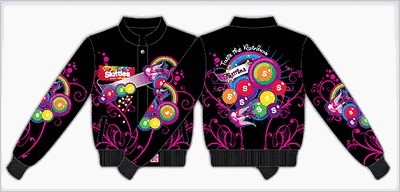 Ladies Womens Size SKITTLES Black Purple Swirl Rainbow Candy Nascar 