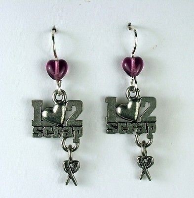 Pewter & sterling silver scrapbooking dangle earrings I love 2, scrap 