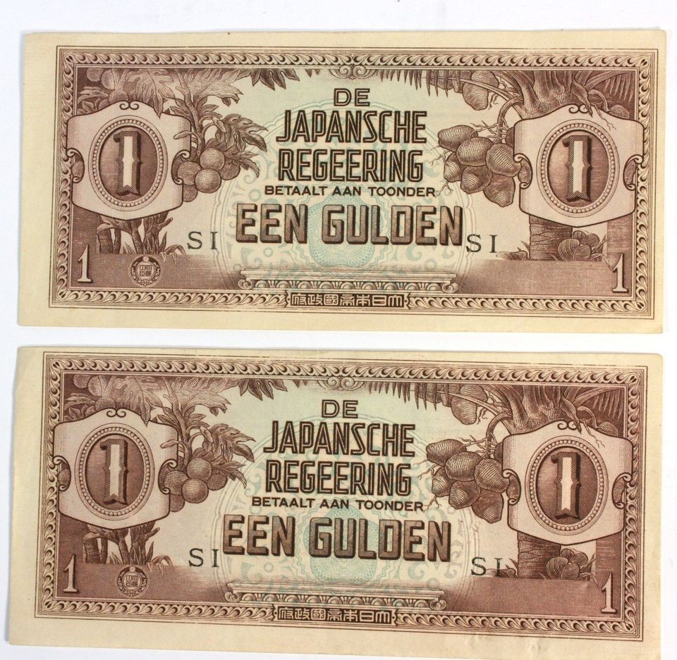 Set of 2) 1942 DE JAPANSCHE REGEERING   EEN GUILDEN Netherlands 