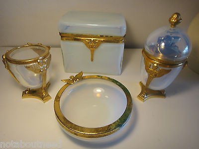 Rare ~ SMOKER SET OPALINE GLASS ANGEL ORMOLU CASKET W/ LIGHTER