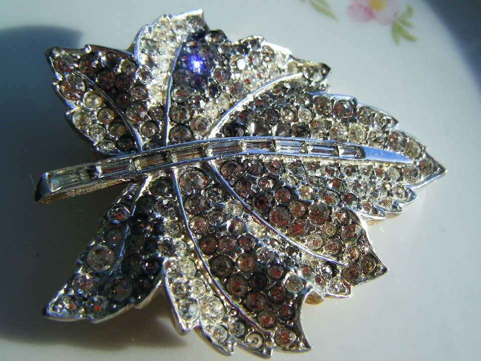 BOUCHER Reversible Brooch Day Night Summer Winter Rhinestone Leaf 