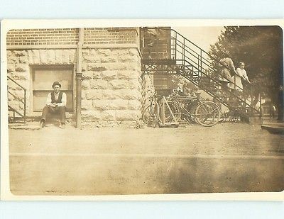   1918 rppc MANY BICYCLES ON RACK BY METAL STAIRS Bowling Green OH v5208