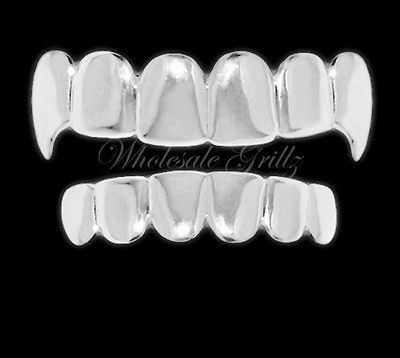 PLATINUM SILVER STYLE VAMPIRE GRILLZ TOP & BOTTOM SET DRACULA FANG 