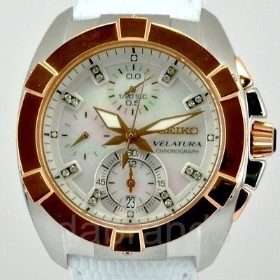   Gold Ladies Velatura Chronograph Pearl Dial 16 Diamonds Watch SNDY66P1